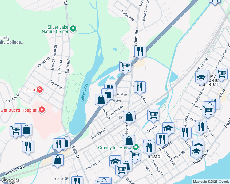 map of restaurants, bars, coffee shops, grocery stores, and more near 711 2nd Avenue in Bristol