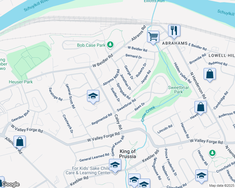 map of restaurants, bars, coffee shops, grocery stores, and more near 712 Suellen Dr in King of Prussia