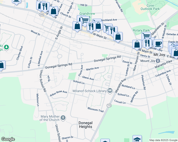 map of restaurants, bars, coffee shops, grocery stores, and more near 423 Sunset Avenue in Mount Joy