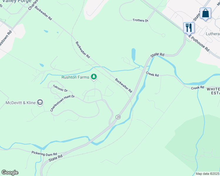 map of restaurants, bars, coffee shops, grocery stores, and more near 141 Stewarts Court in Phoenixville