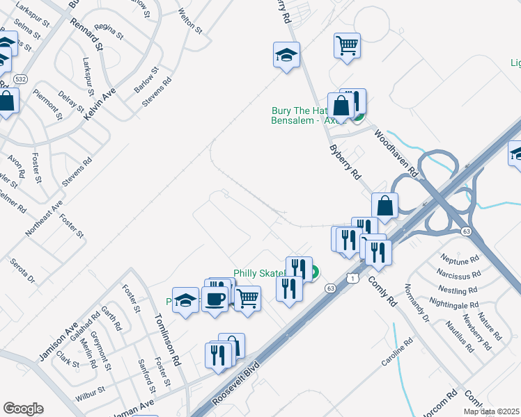 map of restaurants, bars, coffee shops, grocery stores, and more near 2065 Bennett Road in Philadelphia