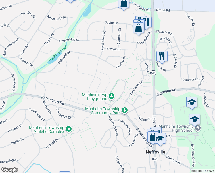 map of restaurants, bars, coffee shops, grocery stores, and more near 468 Parkside Way in Lititz