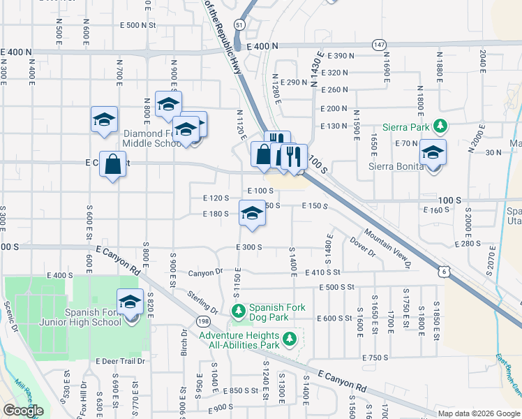 map of restaurants, bars, coffee shops, grocery stores, and more near 1216 East 150 South in Spanish Fork