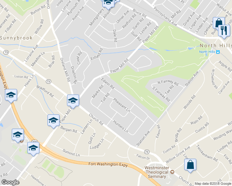 map of restaurants, bars, coffee shops, grocery stores, and more near 1018 Edann Road in Oreland