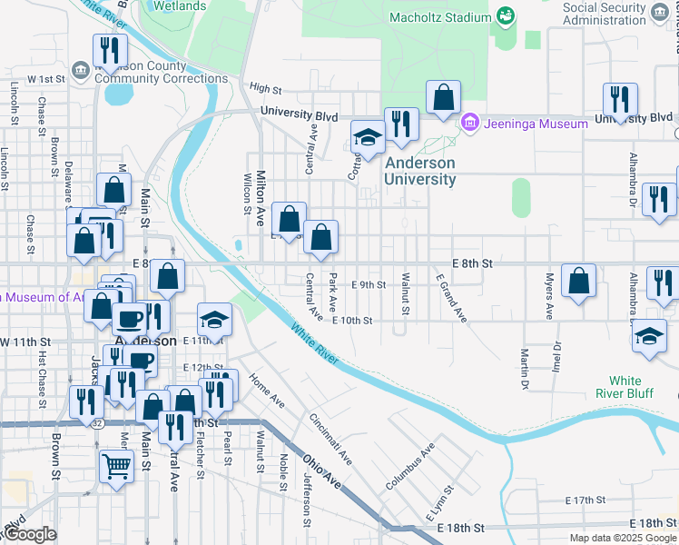 map of restaurants, bars, coffee shops, grocery stores, and more near 901 Park Avenue in Anderson