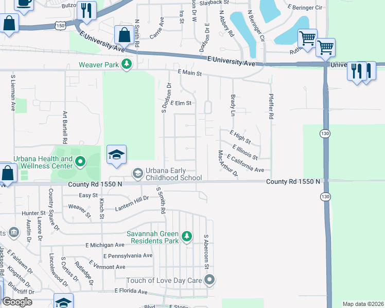 map of restaurants, bars, coffee shops, grocery stores, and more near 2417 East Oregon Street in Urbana