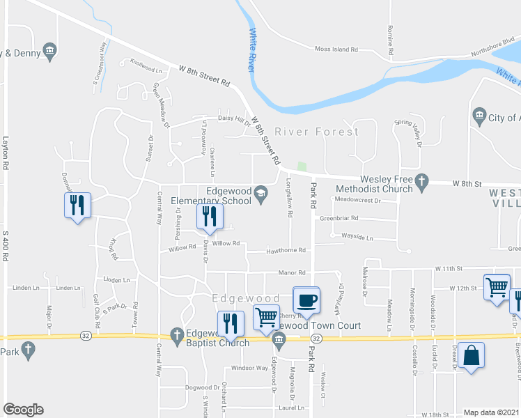 map of restaurants, bars, coffee shops, grocery stores, and more near 3525 Winding Way in Anderson