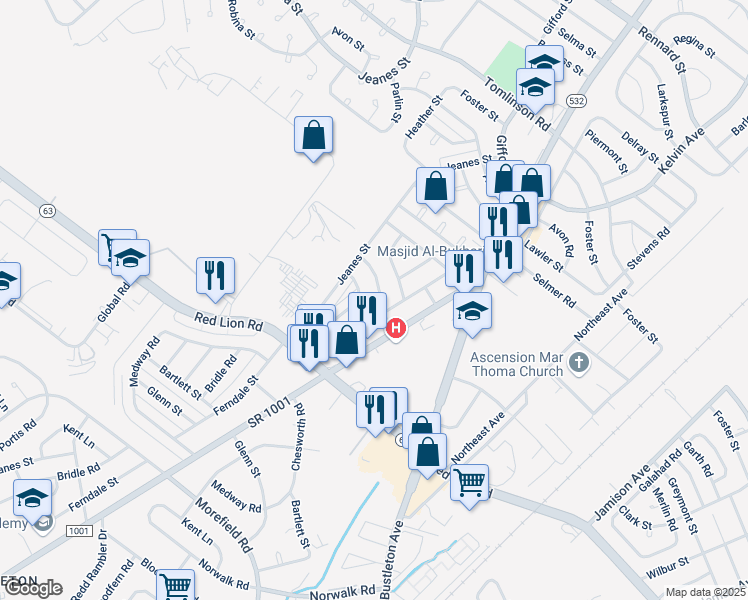 map of restaurants, bars, coffee shops, grocery stores, and more near 10048 Ferndale Street in Philadelphia