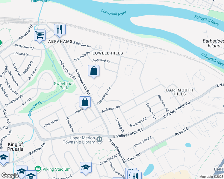 map of restaurants, bars, coffee shops, grocery stores, and more near 518 Dartmouth Drive in King of Prussia