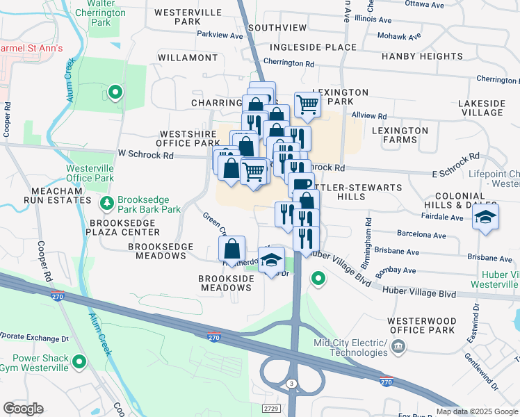 map of restaurants, bars, coffee shops, grocery stores, and more near 77 1/2 Merlin Drive in Westerville