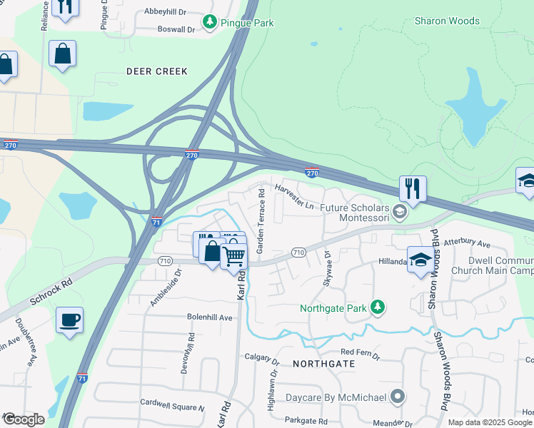 map of restaurants, bars, coffee shops, grocery stores, and more near 6761 Lancaster Lane in Columbus