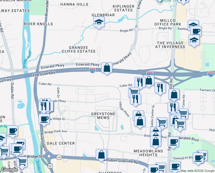 map of restaurants, bars, coffee shops, grocery stores, and more near 4230 Tuller Road in Dublin