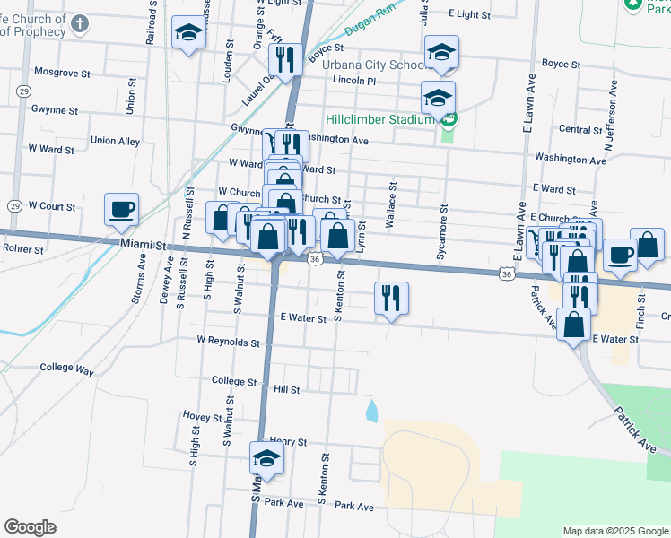 map of restaurants, bars, coffee shops, grocery stores, and more near 300 East Market Street in Urbana