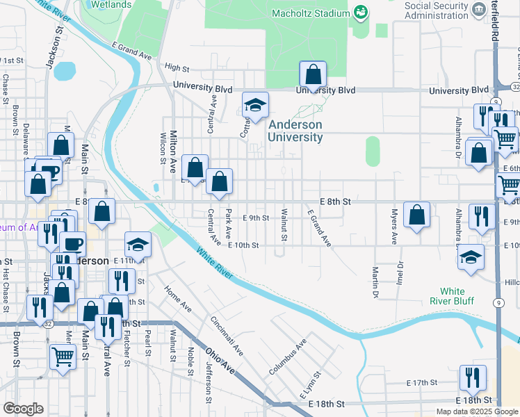 map of restaurants, bars, coffee shops, grocery stores, and more near 902 Cottage Avenue in Anderson