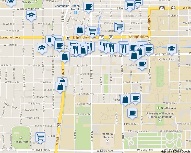 map of restaurants, bars, coffee shops, grocery stores, and more near 907 South 2nd Street in Champaign