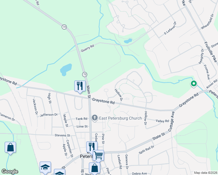 map of restaurants, bars, coffee shops, grocery stores, and more near 2405 Franklin Drive in East Petersburg