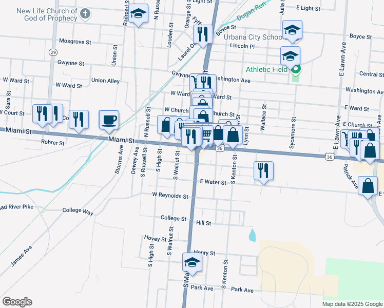 map of restaurants, bars, coffee shops, grocery stores, and more near 122 East Market Street in Urbana