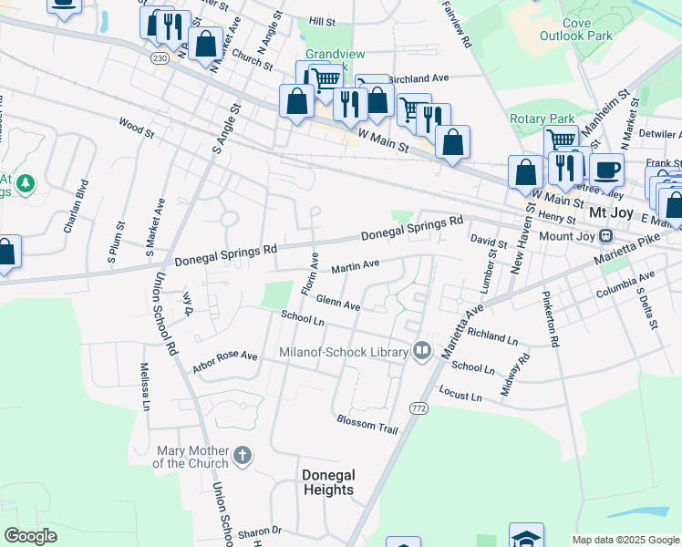map of restaurants, bars, coffee shops, grocery stores, and more near 423 Sunset Avenue in Mount Joy