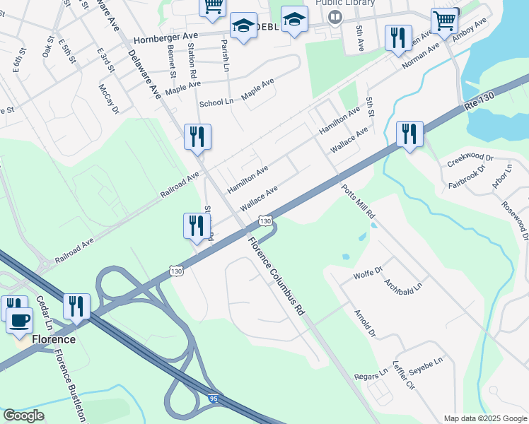 map of restaurants, bars, coffee shops, grocery stores, and more near 2097 U.S. 130 in Burlington