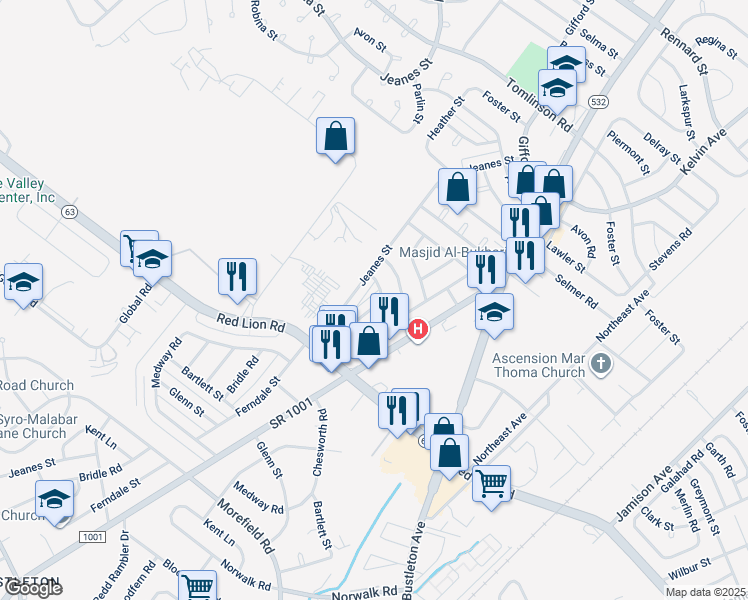map of restaurants, bars, coffee shops, grocery stores, and more near 10026 Bridle Road in Philadelphia