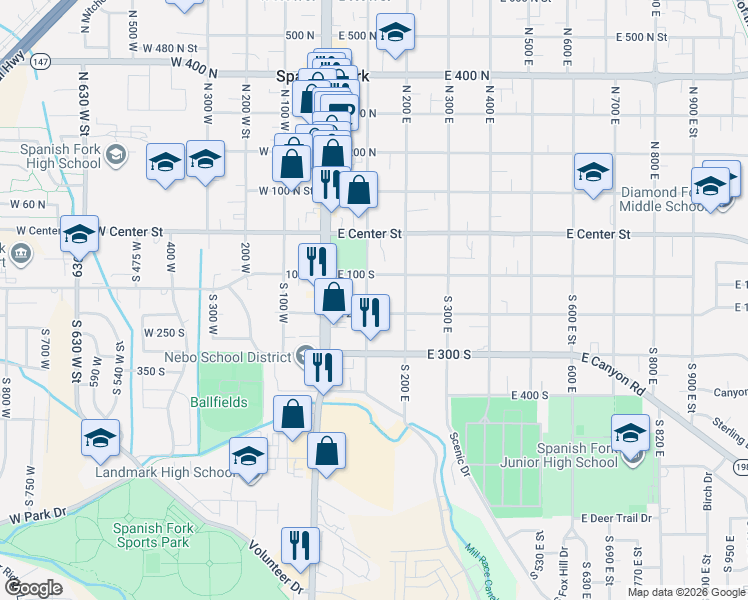 map of restaurants, bars, coffee shops, grocery stores, and more near 161 South 100 East in Spanish Fork