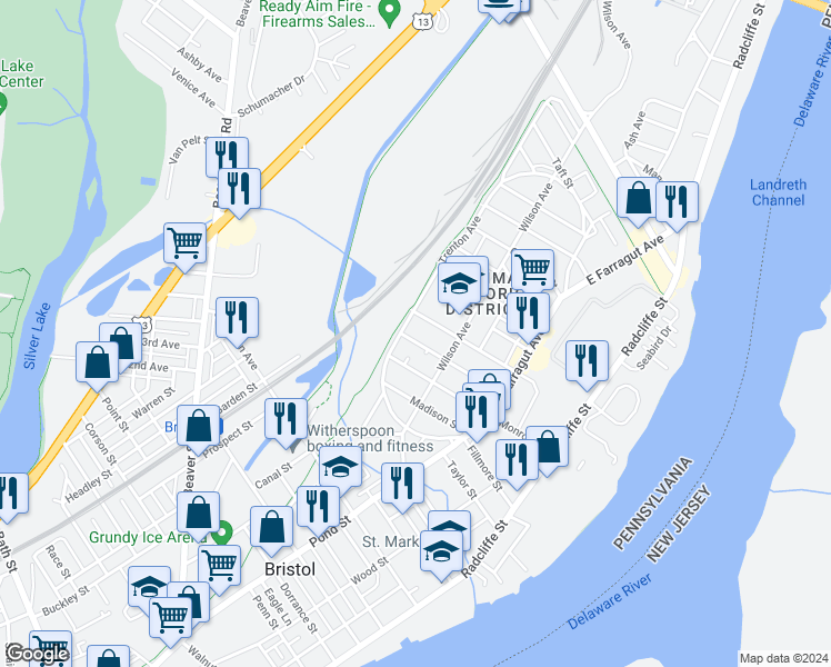 map of restaurants, bars, coffee shops, grocery stores, and more near 351 Jackson Street in Bristol