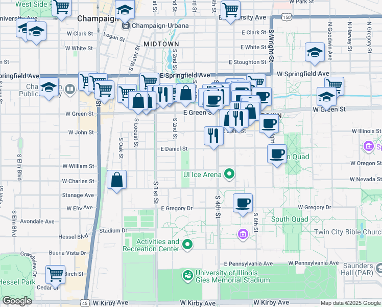 map of restaurants, bars, coffee shops, grocery stores, and more near 211 East Daniel Street in Champaign