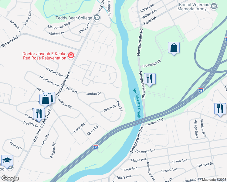 map of restaurants, bars, coffee shops, grocery stores, and more near 797 Cliff Road in Bensalem