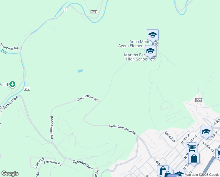 map of restaurants, bars, coffee shops, grocery stores, and more near Ayers Limestone Road in Martins Ferry