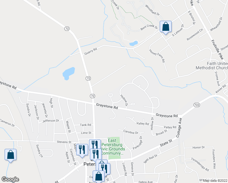 map of restaurants, bars, coffee shops, grocery stores, and more near 2419 Franklin Drive in East Petersburg
