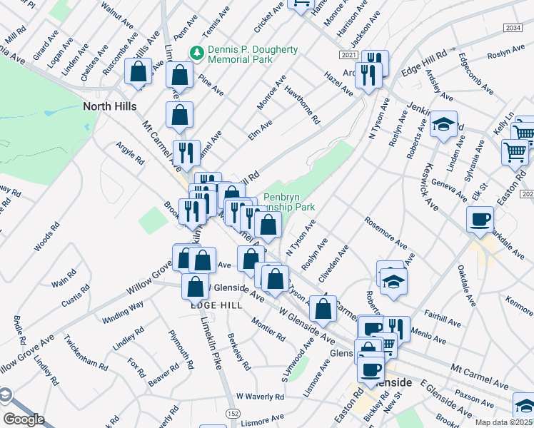 map of restaurants, bars, coffee shops, grocery stores, and more near 2611 Burleigh Avenue in Glenside