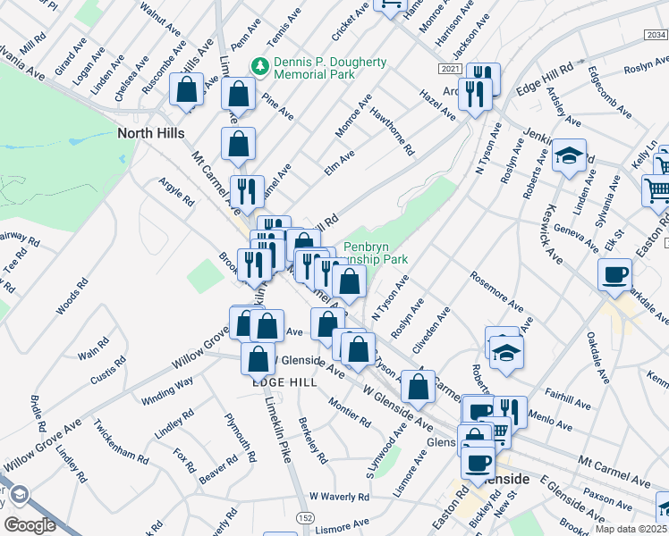map of restaurants, bars, coffee shops, grocery stores, and more near 2624 Burleigh Avenue in Glenside