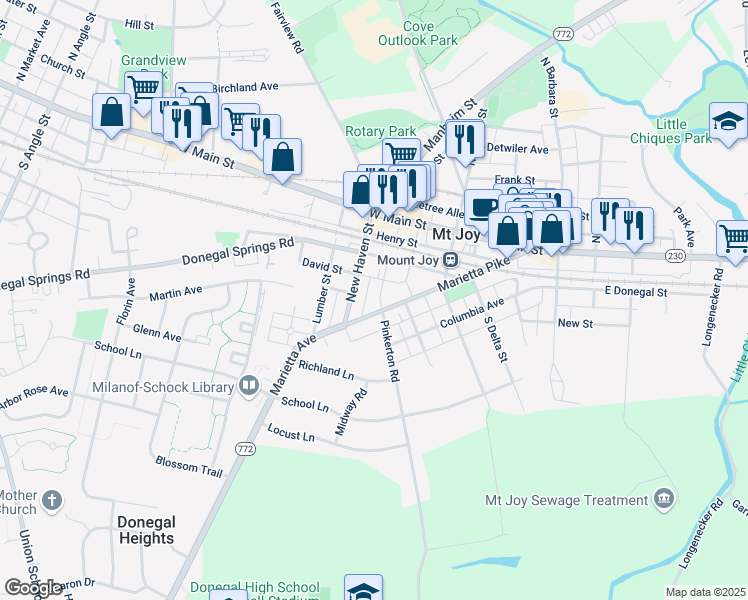 map of restaurants, bars, coffee shops, grocery stores, and more near 268 Marietta Avenue in Mount Joy