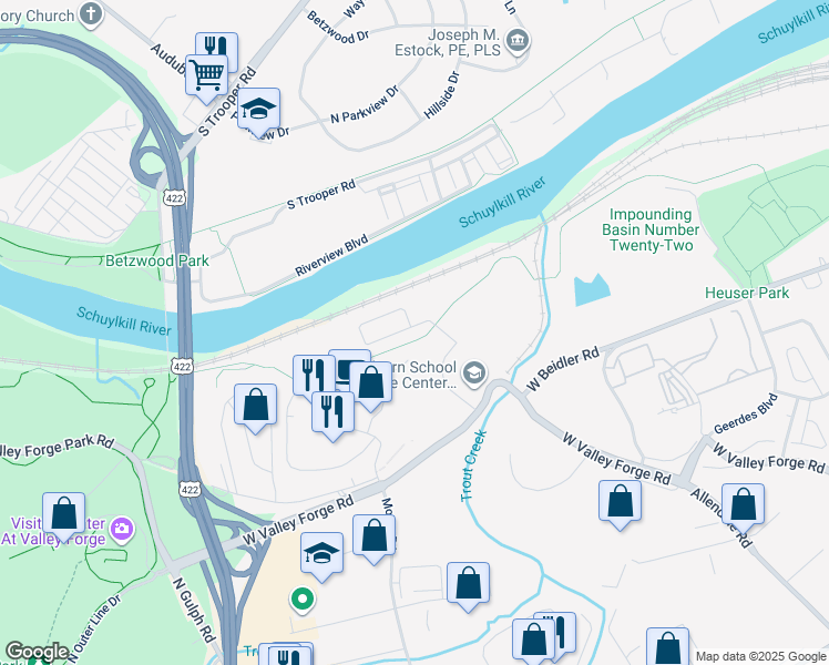 map of restaurants, bars, coffee shops, grocery stores, and more near River Trail Circle in King of Prussia