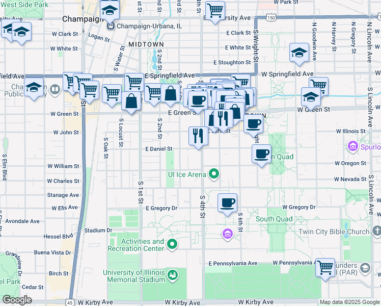 map of restaurants, bars, coffee shops, grocery stores, and more near 307 East Daniel Street in Champaign