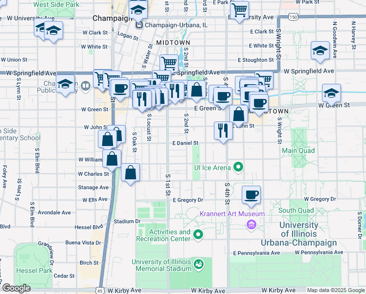 map of restaurants, bars, coffee shops, grocery stores, and more near 901 South 2nd Street in Champaign