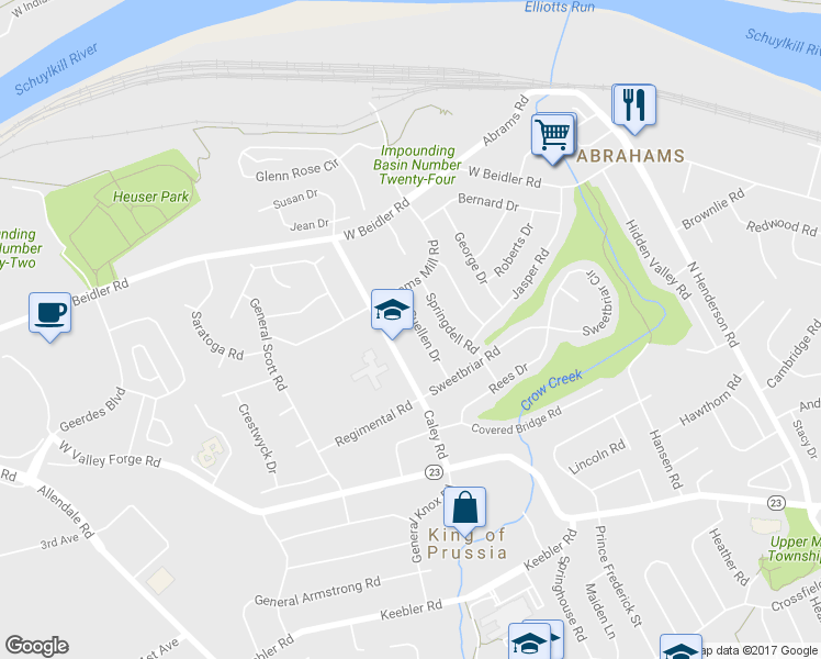 map of restaurants, bars, coffee shops, grocery stores, and more near 719 Suellen Drive in King of Prussia