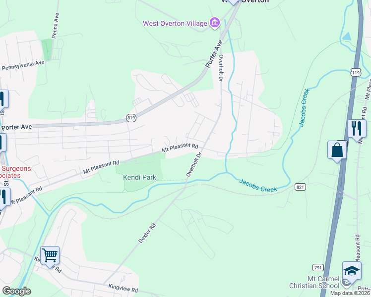 map of restaurants, bars, coffee shops, grocery stores, and more near 830 Mount Pleasant Road in Scottdale