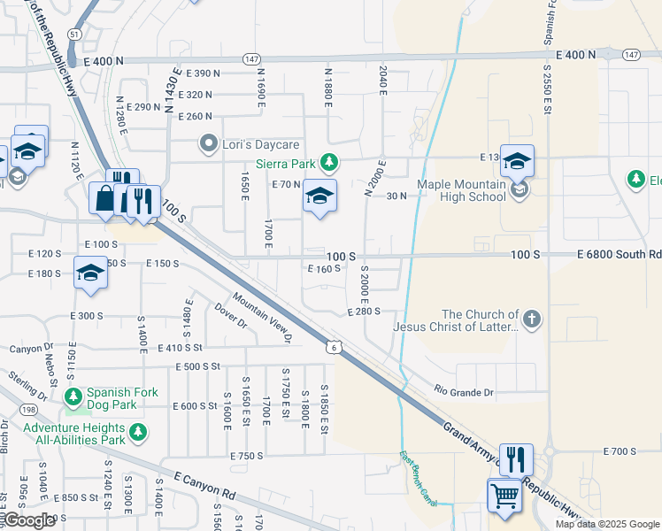 map of restaurants, bars, coffee shops, grocery stores, and more near 1891 East 160 South in Spanish Fork