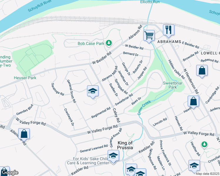 map of restaurants, bars, coffee shops, grocery stores, and more near 719 Suellen Drive in King of Prussia