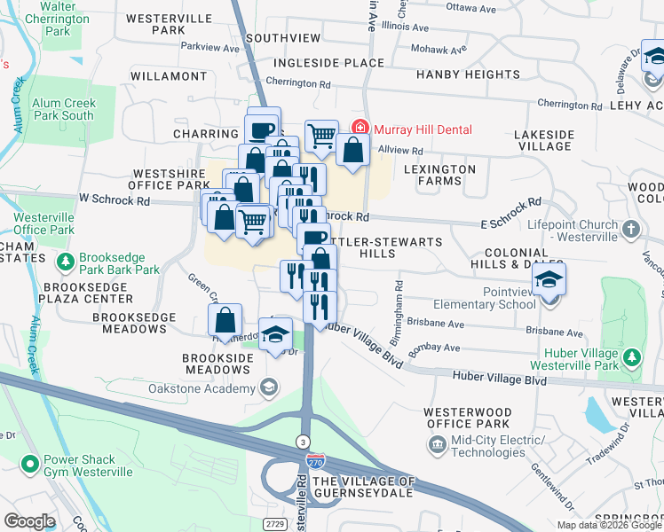 map of restaurants, bars, coffee shops, grocery stores, and more near 687 Hillsdowne Road in Westerville