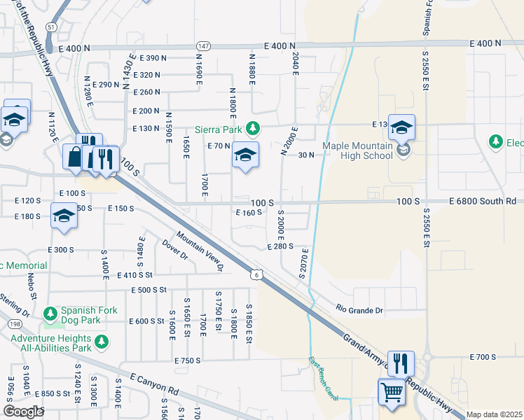 map of restaurants, bars, coffee shops, grocery stores, and more near 1889 East 230 South in Spanish Fork