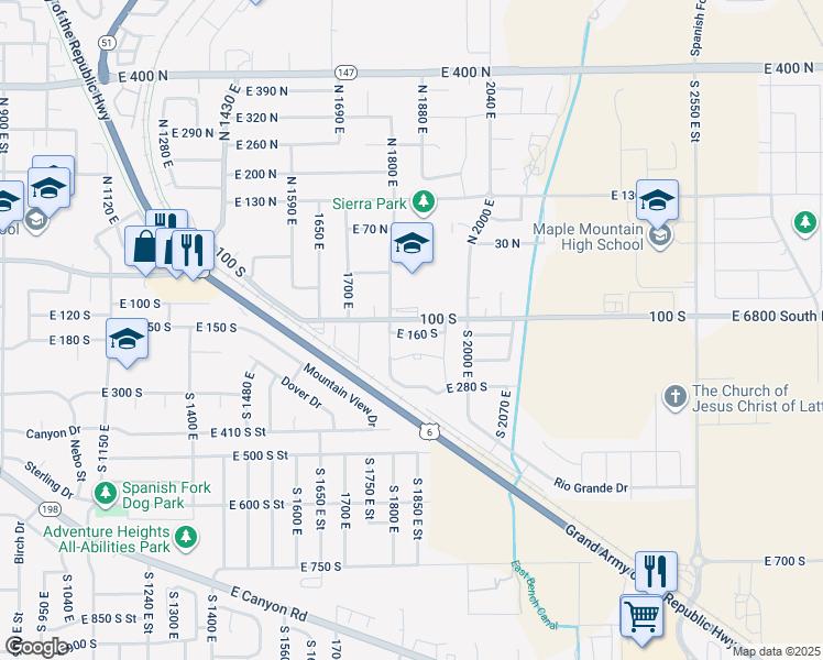 map of restaurants, bars, coffee shops, grocery stores, and more near 1889 East 230 South in Spanish Fork