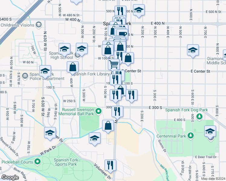 map of restaurants, bars, coffee shops, grocery stores, and more near 208 South Main Street in Spanish Fork