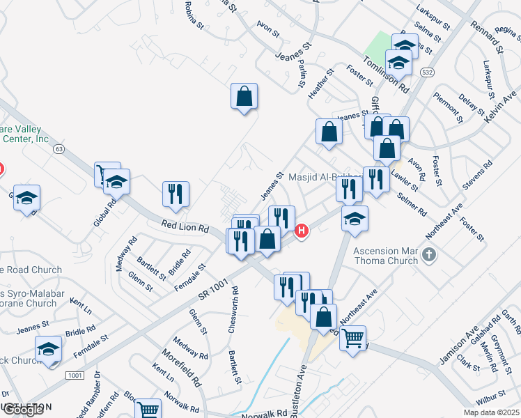 map of restaurants, bars, coffee shops, grocery stores, and more near 10029 Jeanes St in Philadelphia