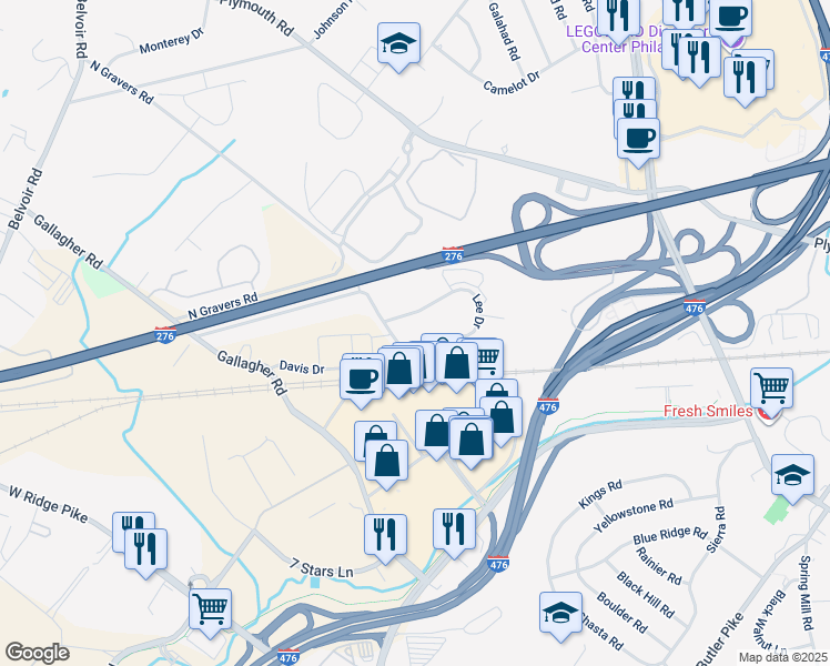 map of restaurants, bars, coffee shops, grocery stores, and more near 417-431 South Gravers Road in Plymouth Meeting