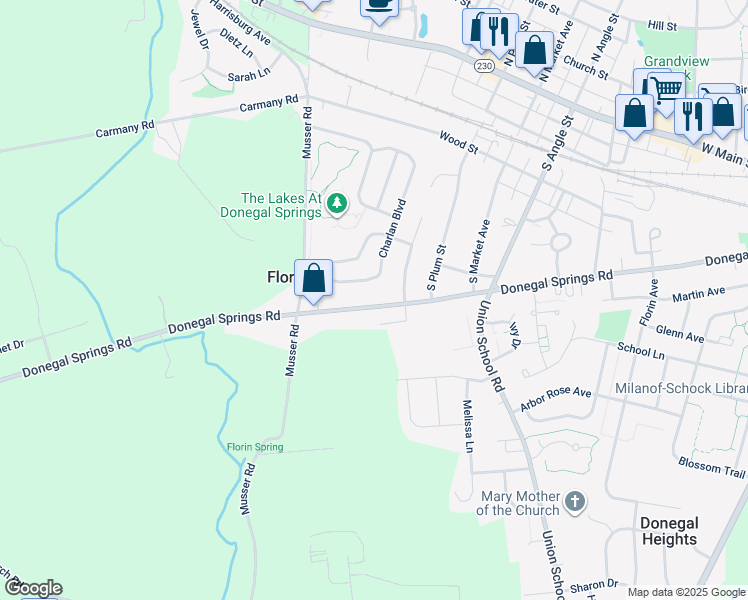 map of restaurants, bars, coffee shops, grocery stores, and more near 1058 Donegal Springs Road in Mount Joy