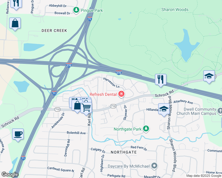 map of restaurants, bars, coffee shops, grocery stores, and more near 1704 Schrock Road in Columbus