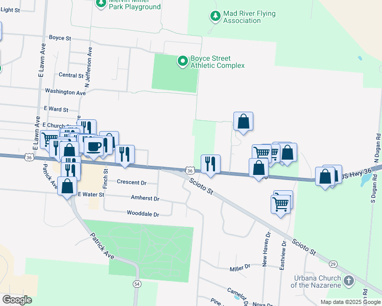 map of restaurants, bars, coffee shops, grocery stores, and more near 970 U.S. 36 in Urbana