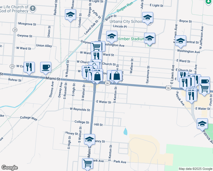 map of restaurants, bars, coffee shops, grocery stores, and more near 202 East Market Street in Urbana